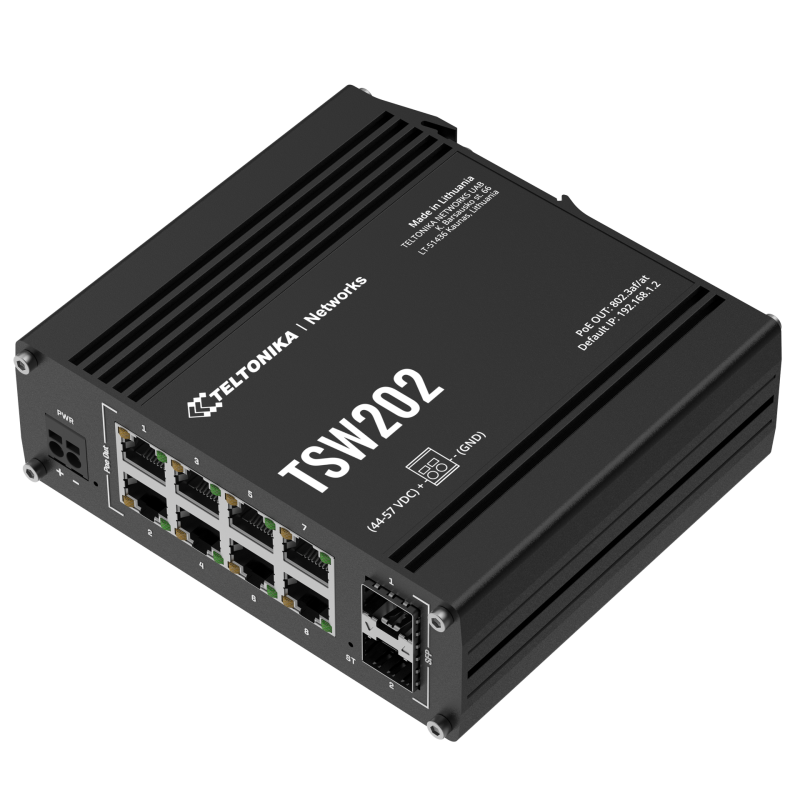 Teltonika TSW202 10 Port Industrial Managed PoE+ Layer 2 Switch with 8 Port PoE+ and 2 SFP slots, Layer3 Features PSU not includ
